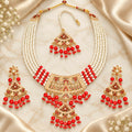 Regal Crimson Red Pearl Chick Choker Set with Triangular Lattice Bridal Pendant