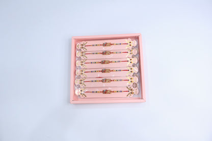 12 Pc Designer Peacock Kundan Rakhi Set with Red Enamel Dial and Multicolor Beads – Premium Traditional Gift Box for Raksha Bandhan