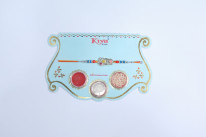 Elegant Silver-Tone Designer Rakhi with Multicolor Beads and Roli Chawal – 1 Pc Pack