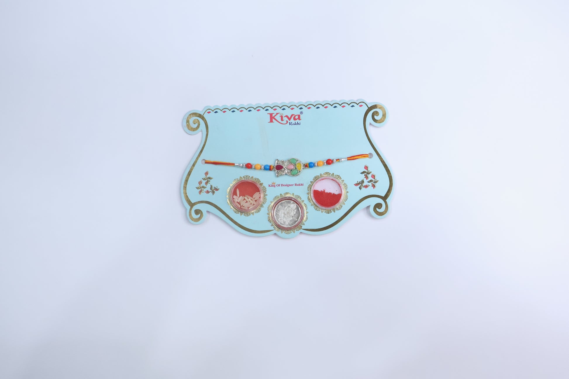 Traditional Multicolor Stone Rakhi with Hand Symbol Centerpiece – Includes Roli Chawal Set