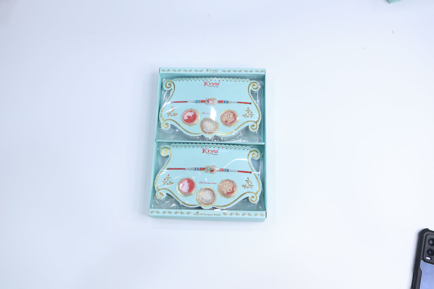 6 Pc Set – Traditional Floral Rakhis with Silver-Green Center & Puja Combo Pack