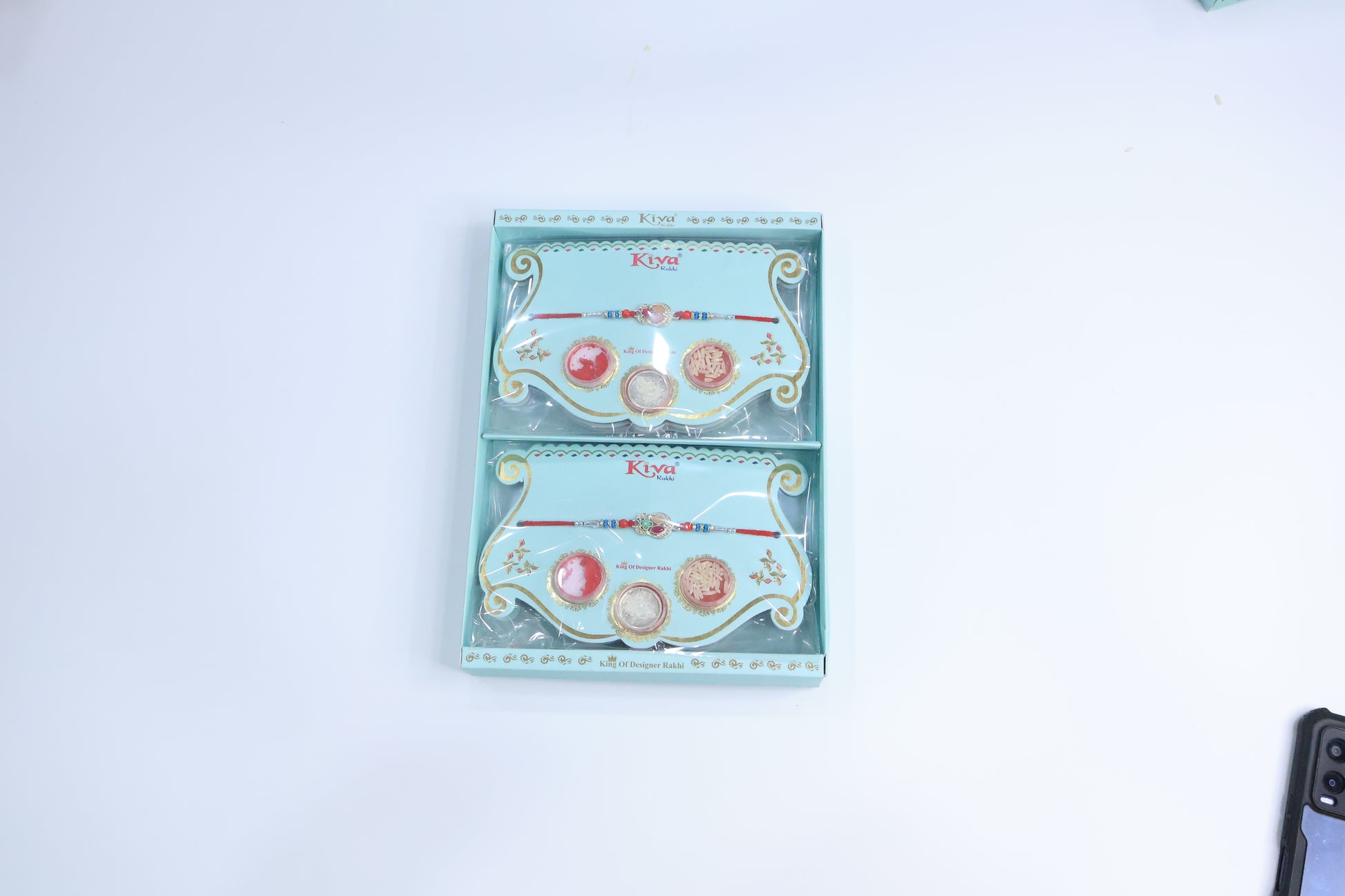 6 Pc Set – Traditional Floral Rakhis with Silver-Green Center & Puja Combo Pack