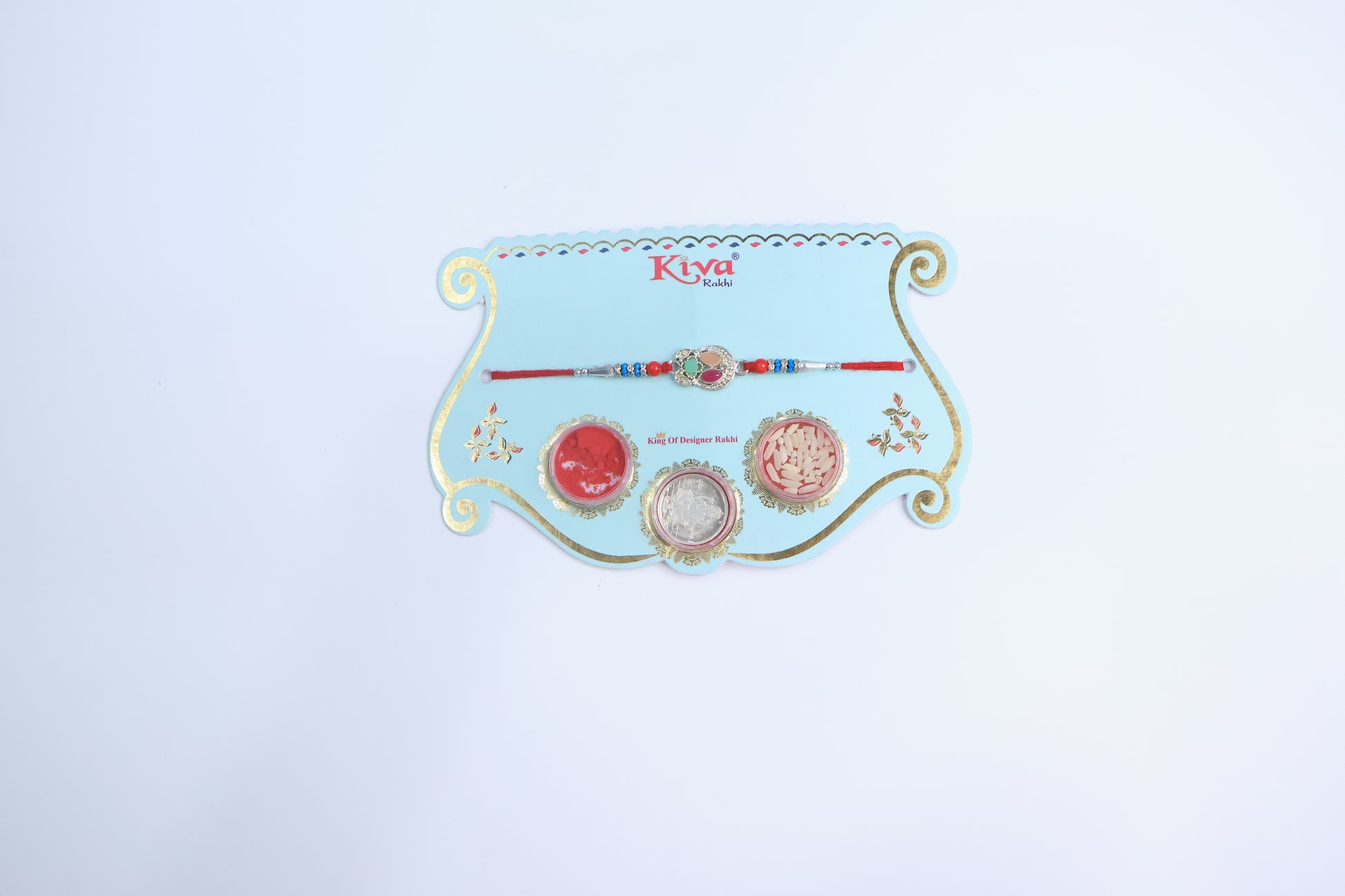 Elegant Multicolor Stone Rakhi with Red Thread & Puja Combo Set (Roli Chawal)