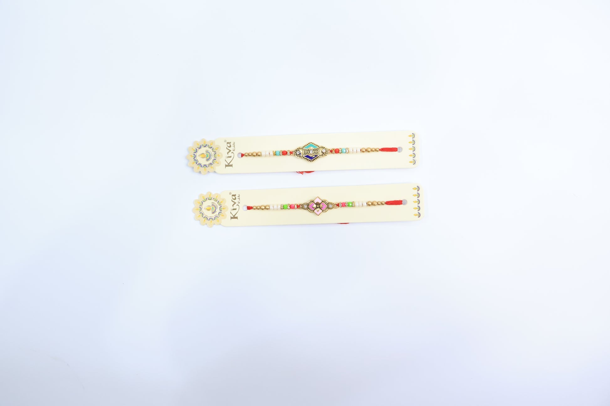 Elegant Geometric Rakhi with Diamond Accents and Multicolor Beaded Thread – Festive Edition