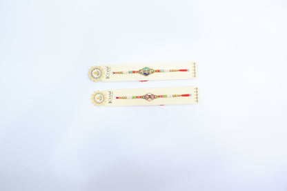 Elegant Geometric Rakhi with Diamond Accents and Multicolor Beaded Thread – Festive Edition