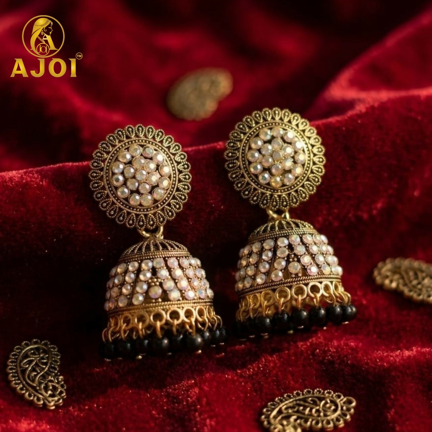 Antique Gold Pearl Jhumka Earrings with Black Bead Drop for Ethnic Wear