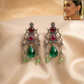 Oxidised Silver Temple Drop Earrings with Red and Green Crystal Stones for Women