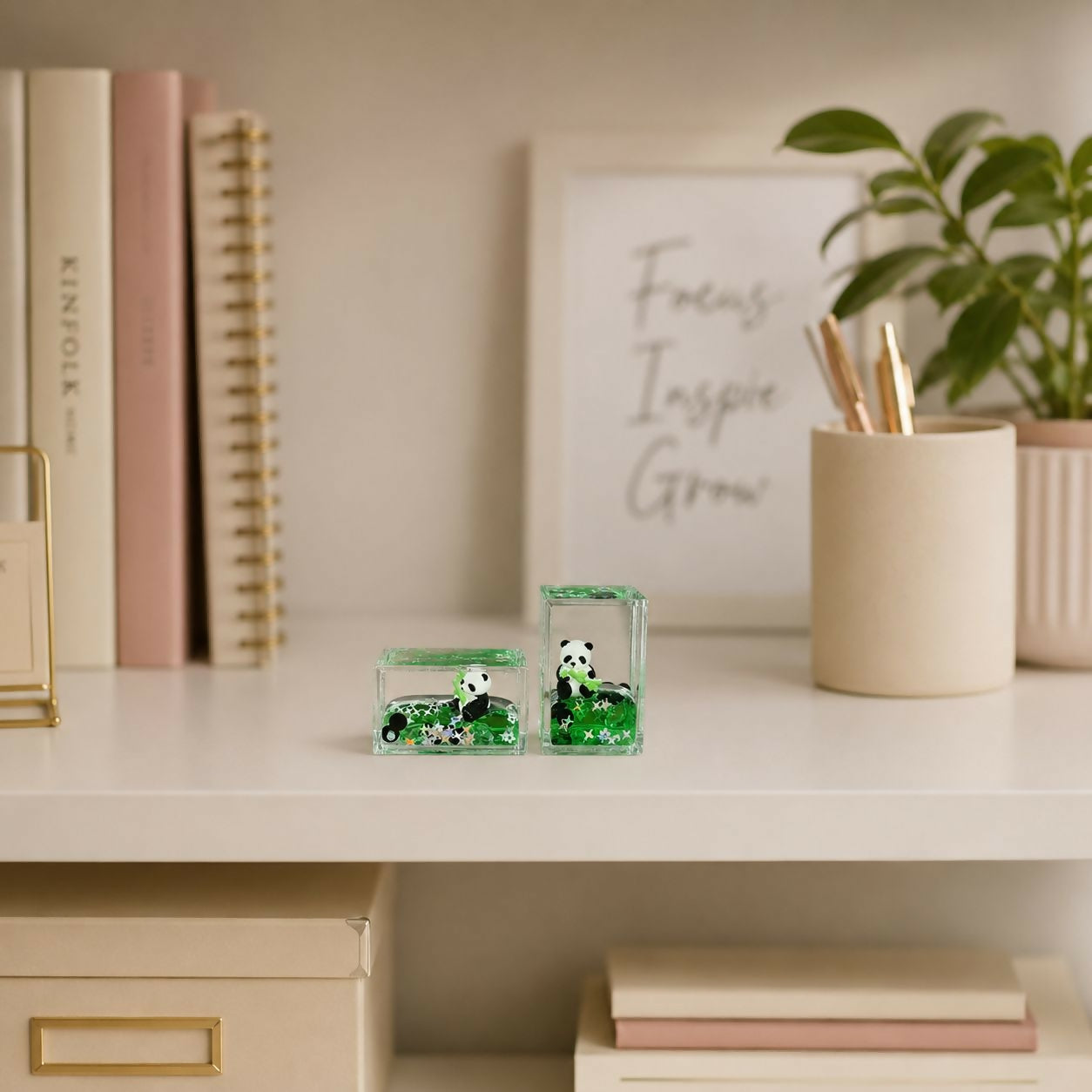 Cute panda liquid glitter paper weight on study table