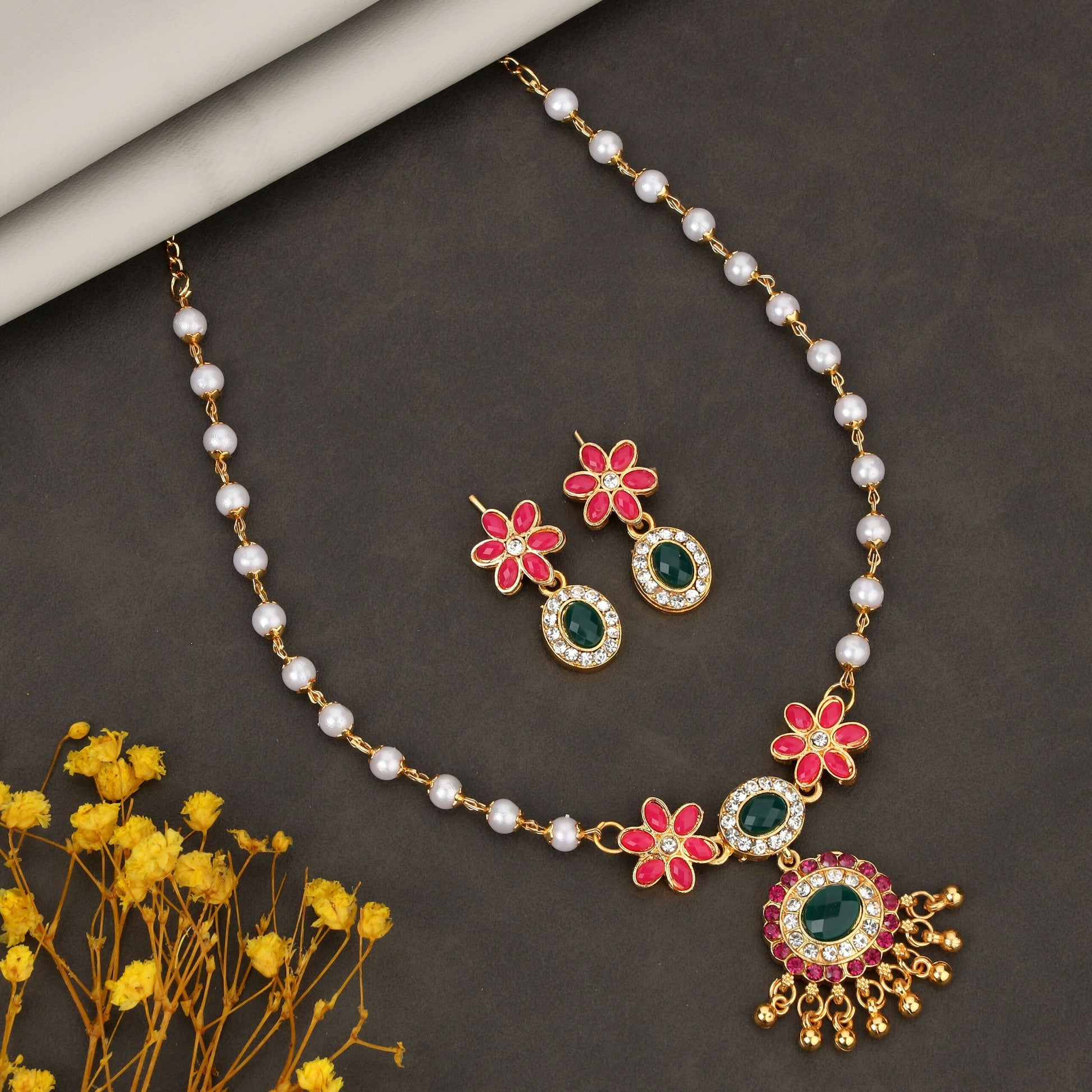 Traditional Gold-Tone Blue Enamel Butterfly Necklace with Pearl Drops