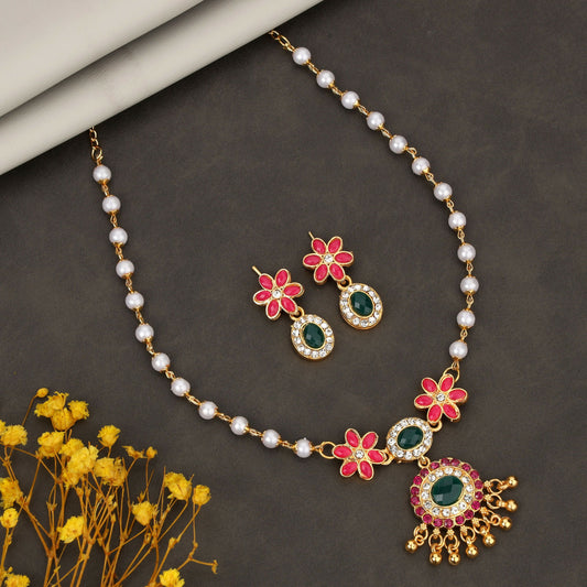 Traditional Gold-Tone Blue Enamel Butterfly Necklace with Pearl Drops