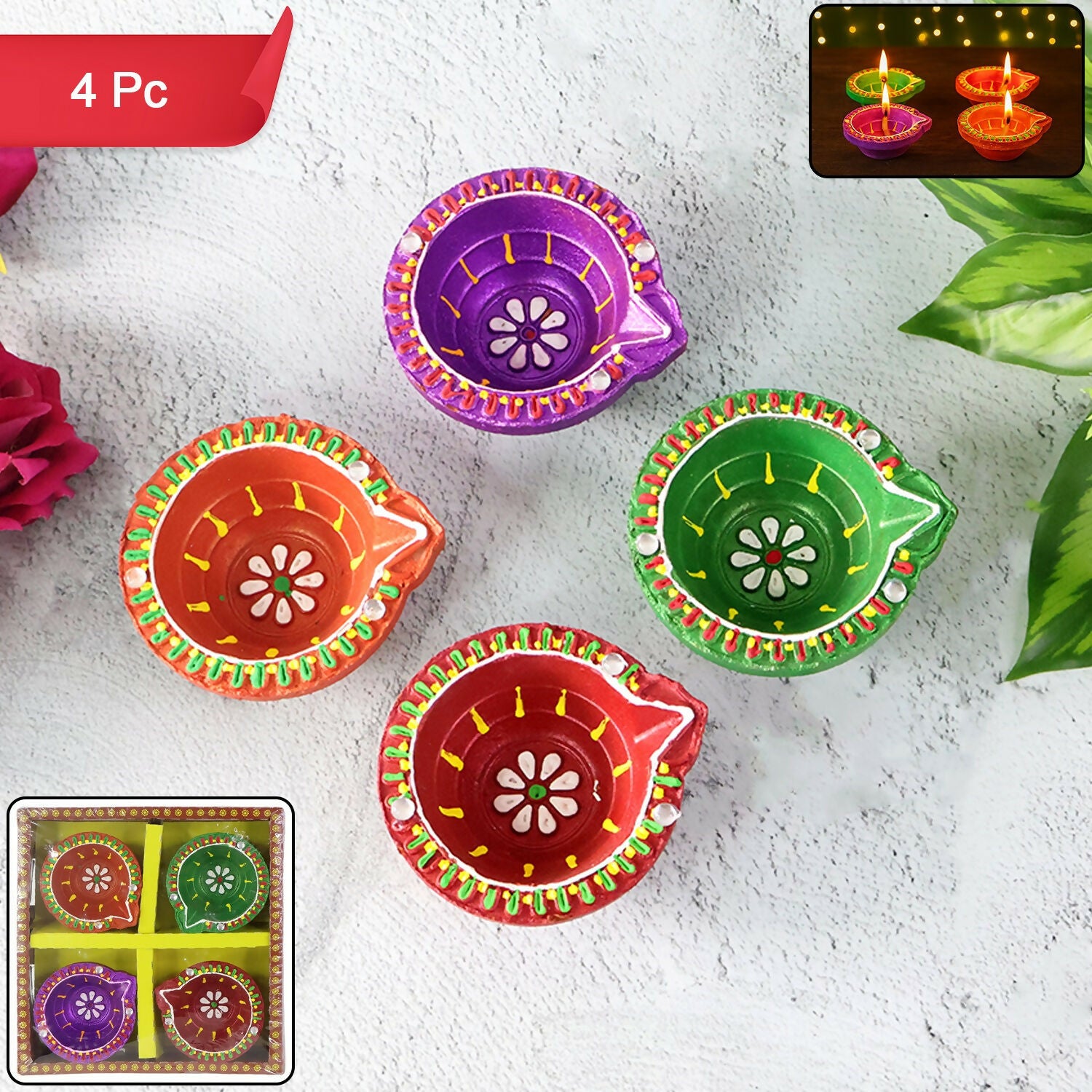 Handcrafted Multicolor Mix Diya Set of 4 – Round Flower Pattern Oil Lamps for Diwali, Pooja & Festive Decoration (Mix Design)