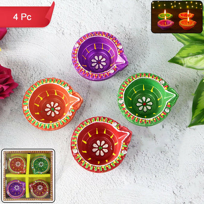 Handcrafted Multicolor Mix Diya Set of 4 – Round Flower Pattern Oil Lamps for Diwali, Pooja & Festive Decoration (Mix Design)