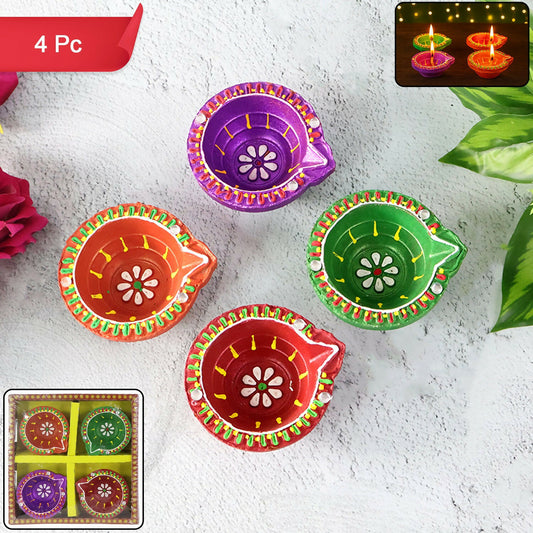 Handcrafted Multicolor Clay Diya Set of 4 – Round Flower Pattern Oil Lamps for Diwali, Pooja & Festive Decoration (Mix Design)