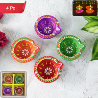 Handcrafted Multicolor Clay Diya Set of 4 – Round Flower Pattern Oil Lamps for Diwali, Pooja & Festive Decoration (Mix Design)