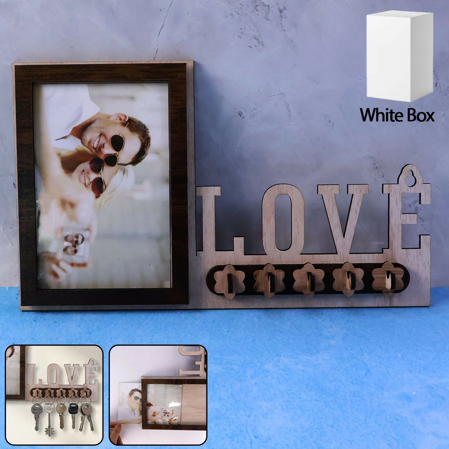 Wooden Photo Frame Key Holder with LOVE Cutout & 5 Hooks – 8 x 12 Inch