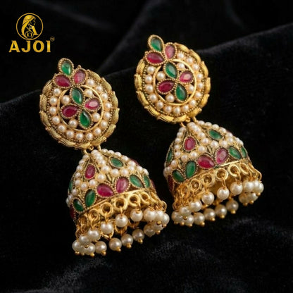 Exquisite Traditional Kundan Jhumka Earrings with Ruby & Emerald Stones, Handcrafted Gold-Tone Pearl Drop Bridal Jewelry