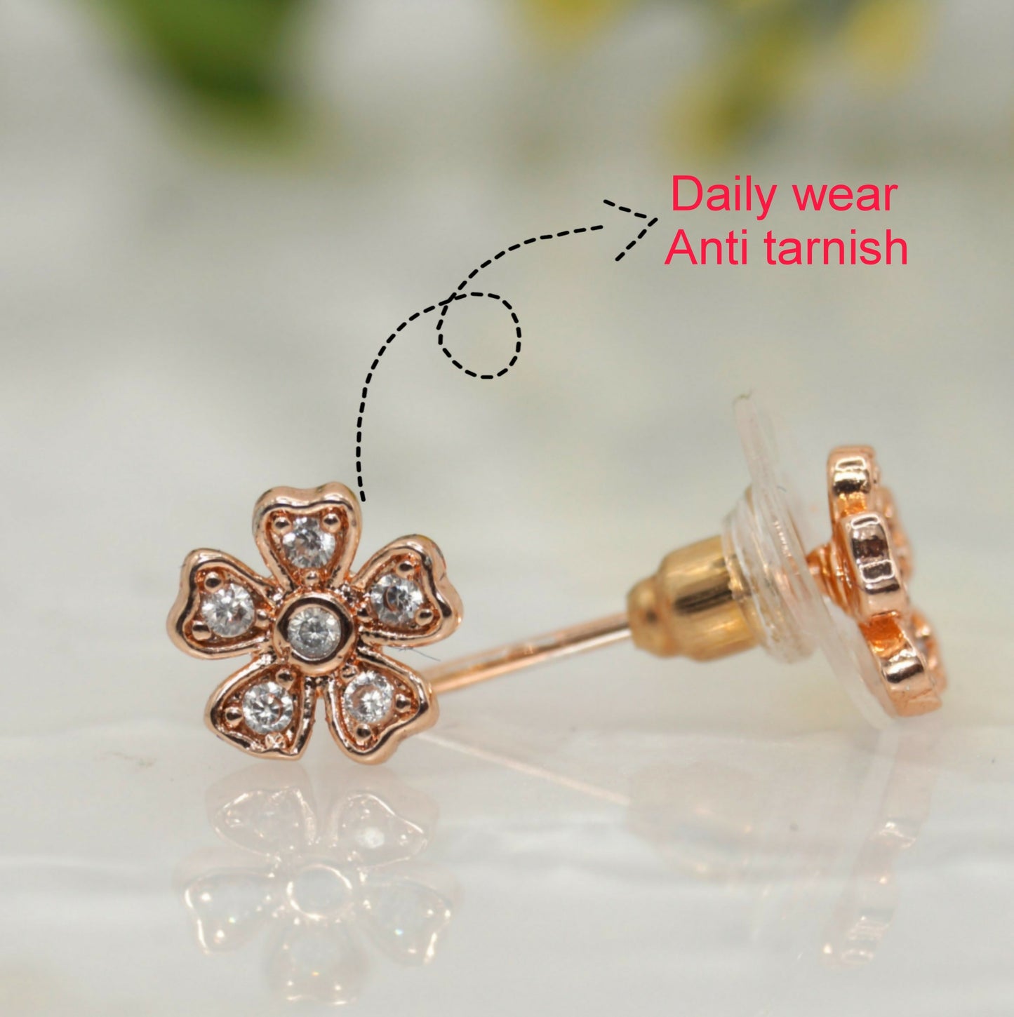 Rose Gold Flower Stud Earrings with AD for women and girls