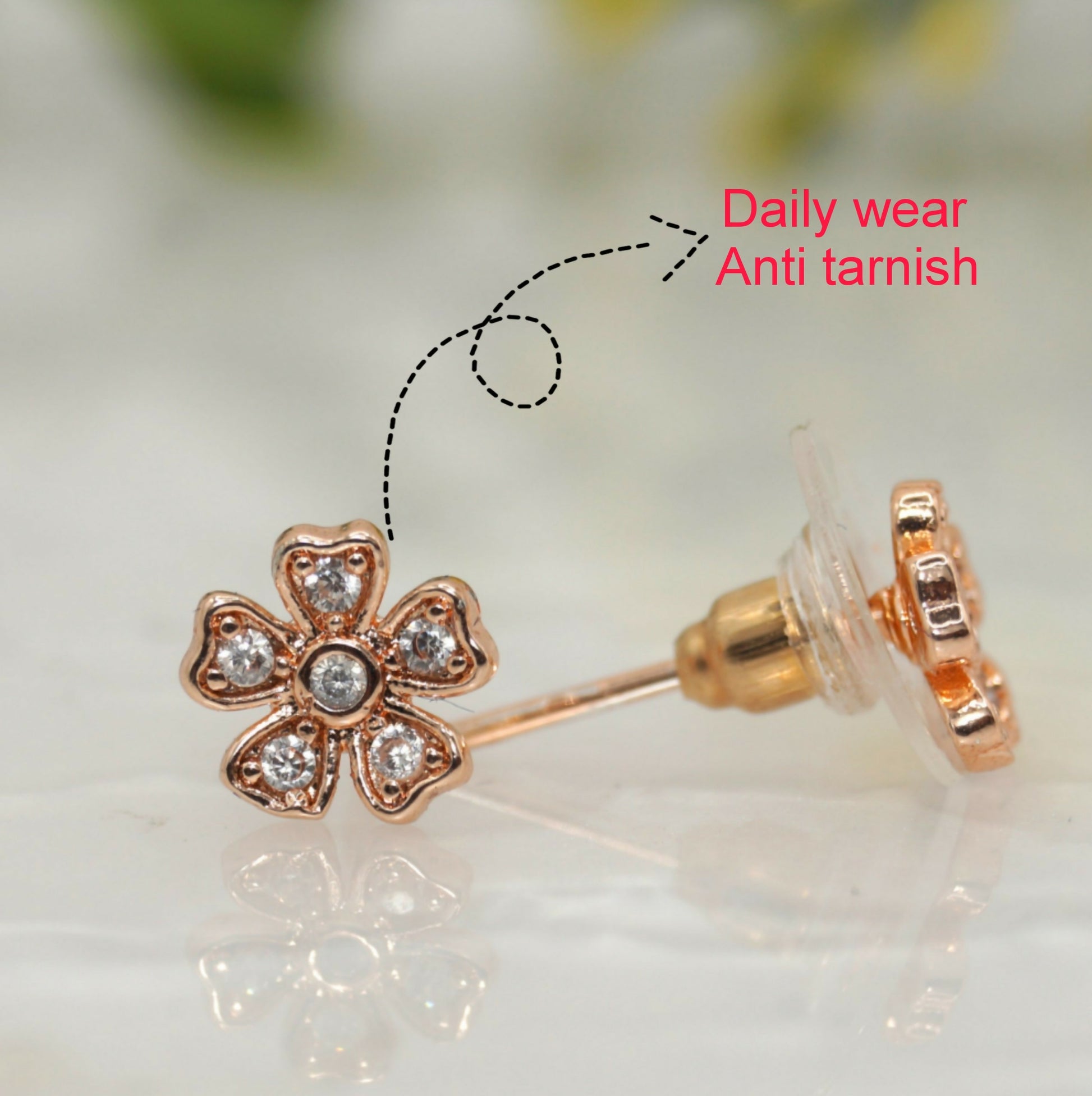 Rose Gold Flower Stud Earrings with AD for women and girls