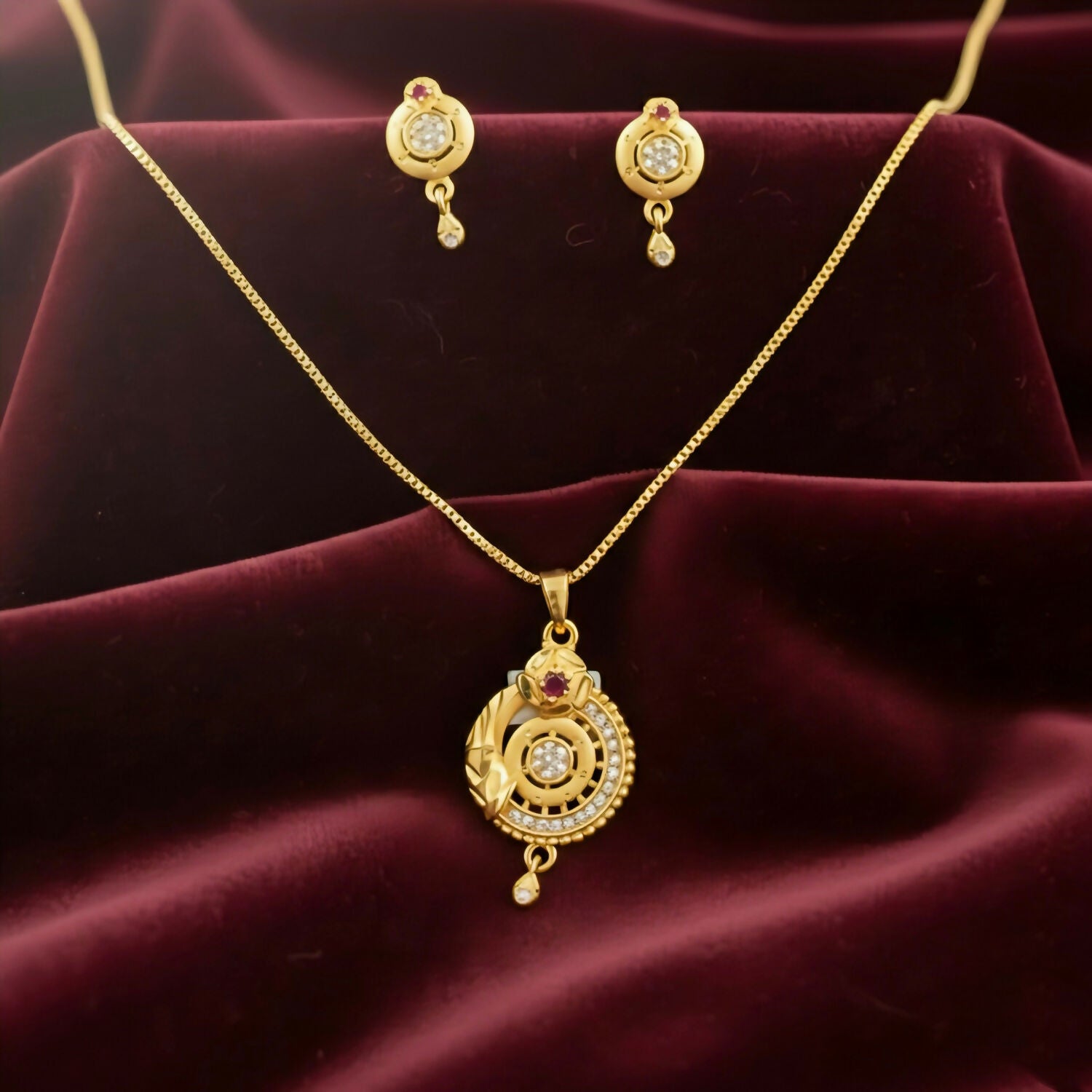Gold-Plated Circular Pendant Necklace with Matching Drop Earrings