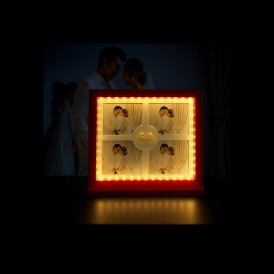 LED Wedding Photo Frame with Ring Holder | Romantic Couple Picture Frame with LED Lights | Decorative Anniversary, Engagement & Wedding Gift for Home Décor – Red & White Variants (Holds 4 Photos, 6x4 inch)