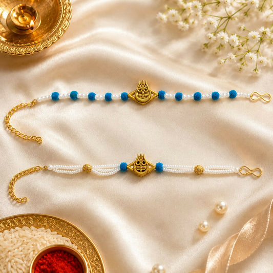 Premium Trishul Mahadev Designer Rakhi Set with Pearl Beads for Bhai & Bhabhi front view for festive gifting