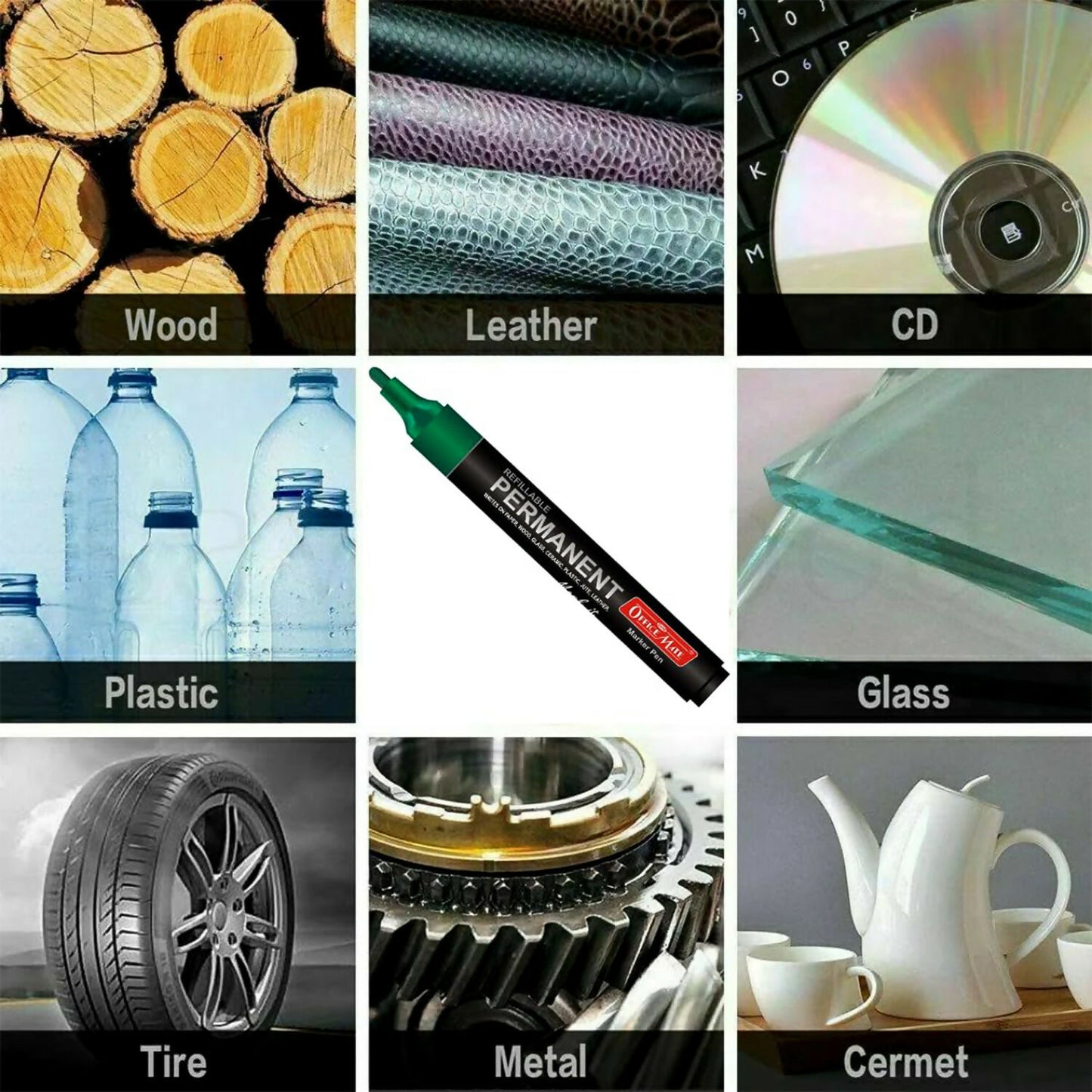 Refillable Permanent Marker Pen – Green Ink, 10 Piece Combo