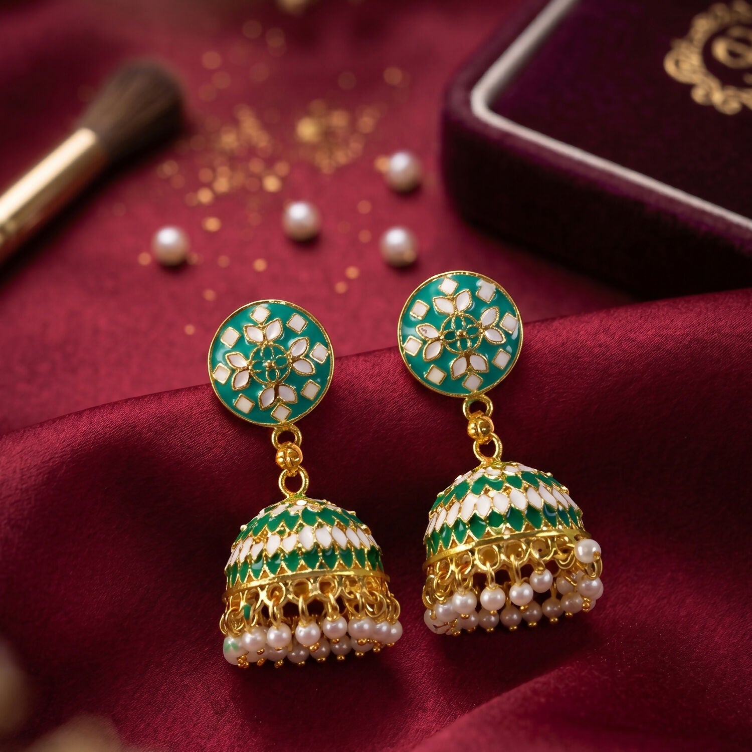 Green Floral Round Jhumka Earrings with Pearls for Women