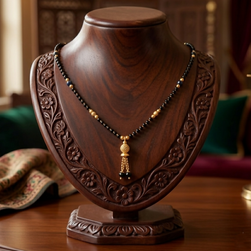 Elegant black beaded mangalsutra with golden pendant