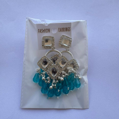 Elegant Silver Plated Chandelier Earrings Featuring Square Crystals and Aqua Blue Teardrop Beads