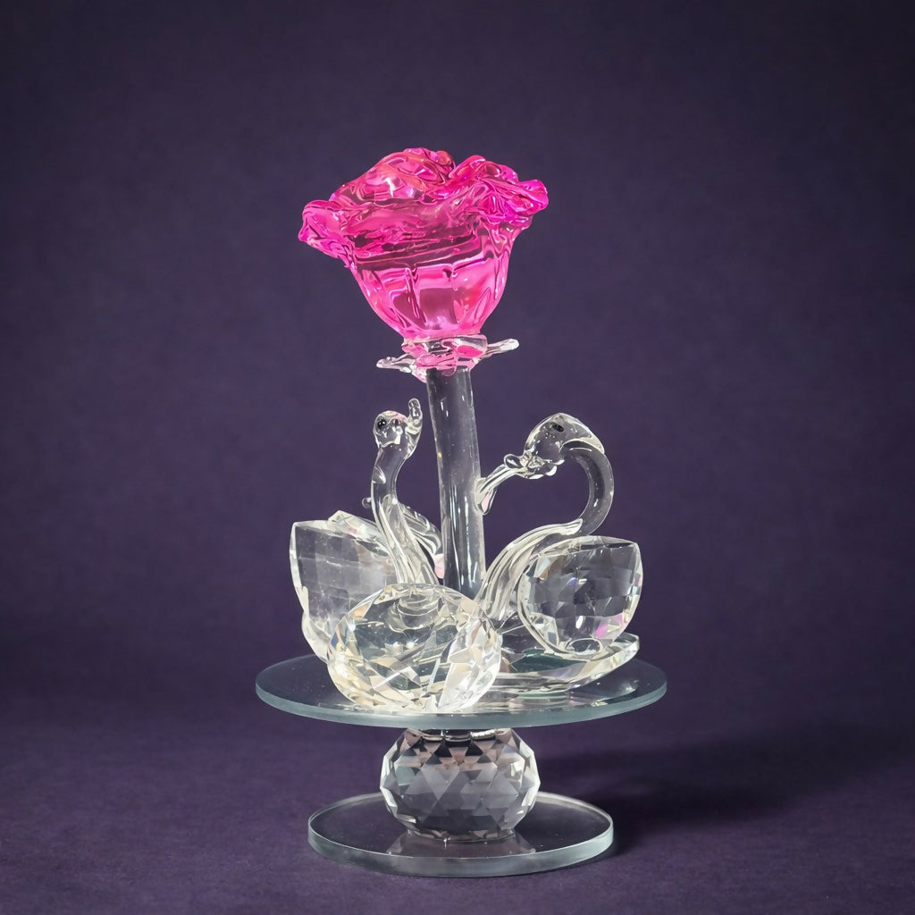 Crystal Rose Flower Showpiece with Swan Design for Home & Table Decor