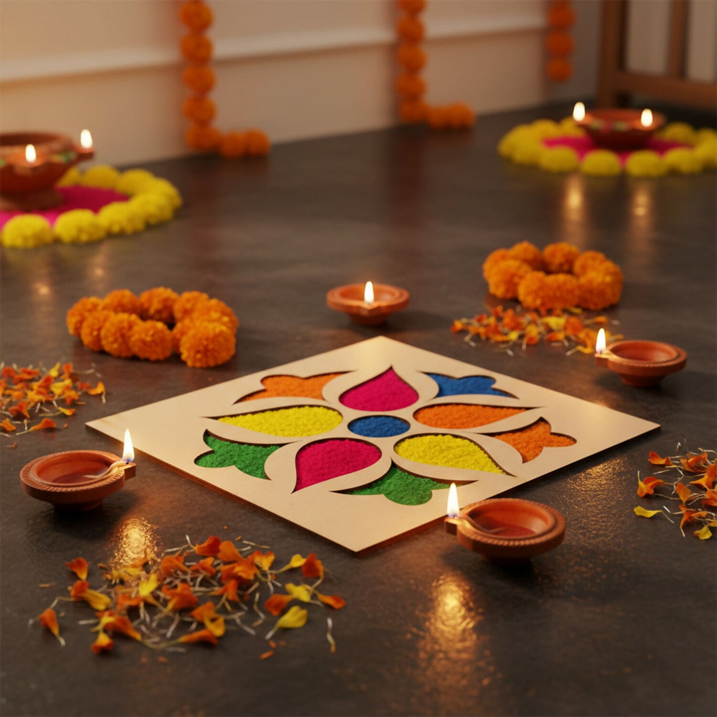 Flower Petal Rangoli MDF Design | Reusable Diwali Rangoli