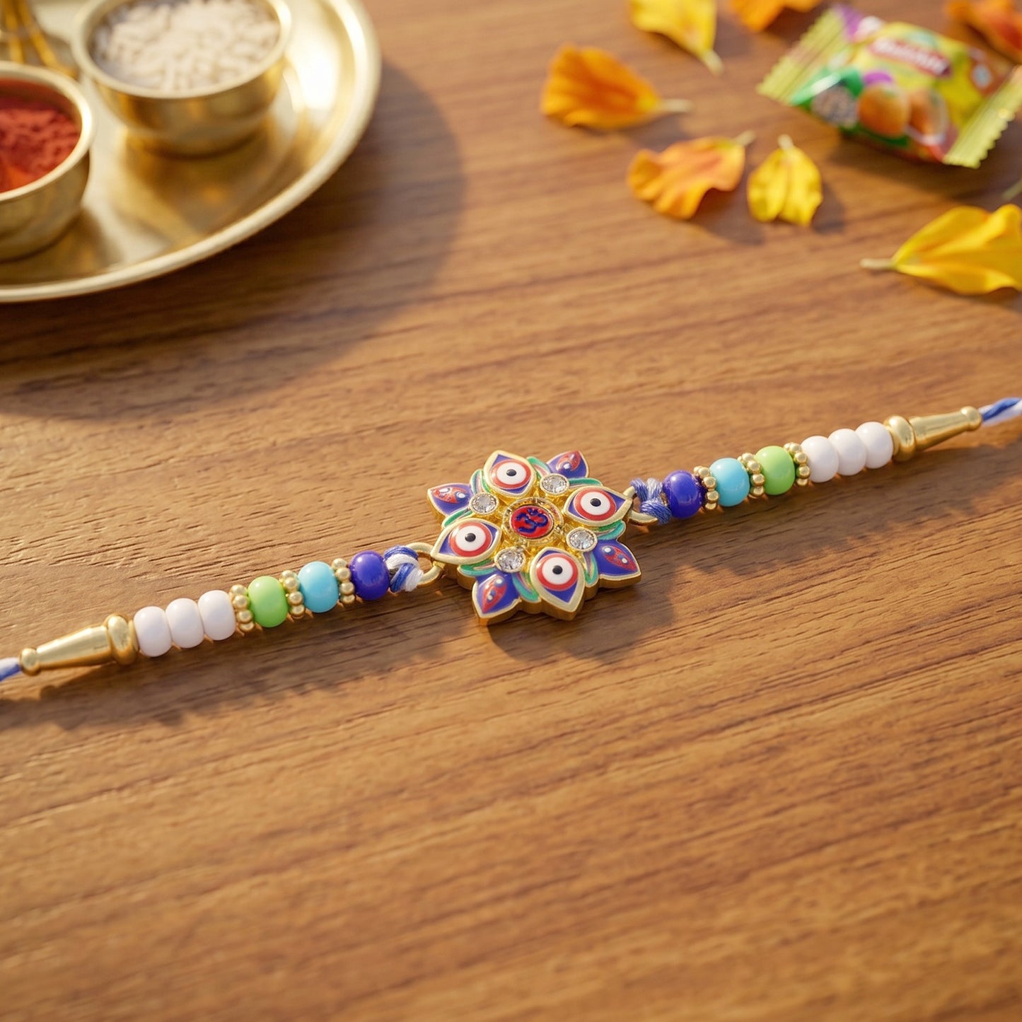 Side angle of Multi Evil Eye OM Star Designer Rakhi