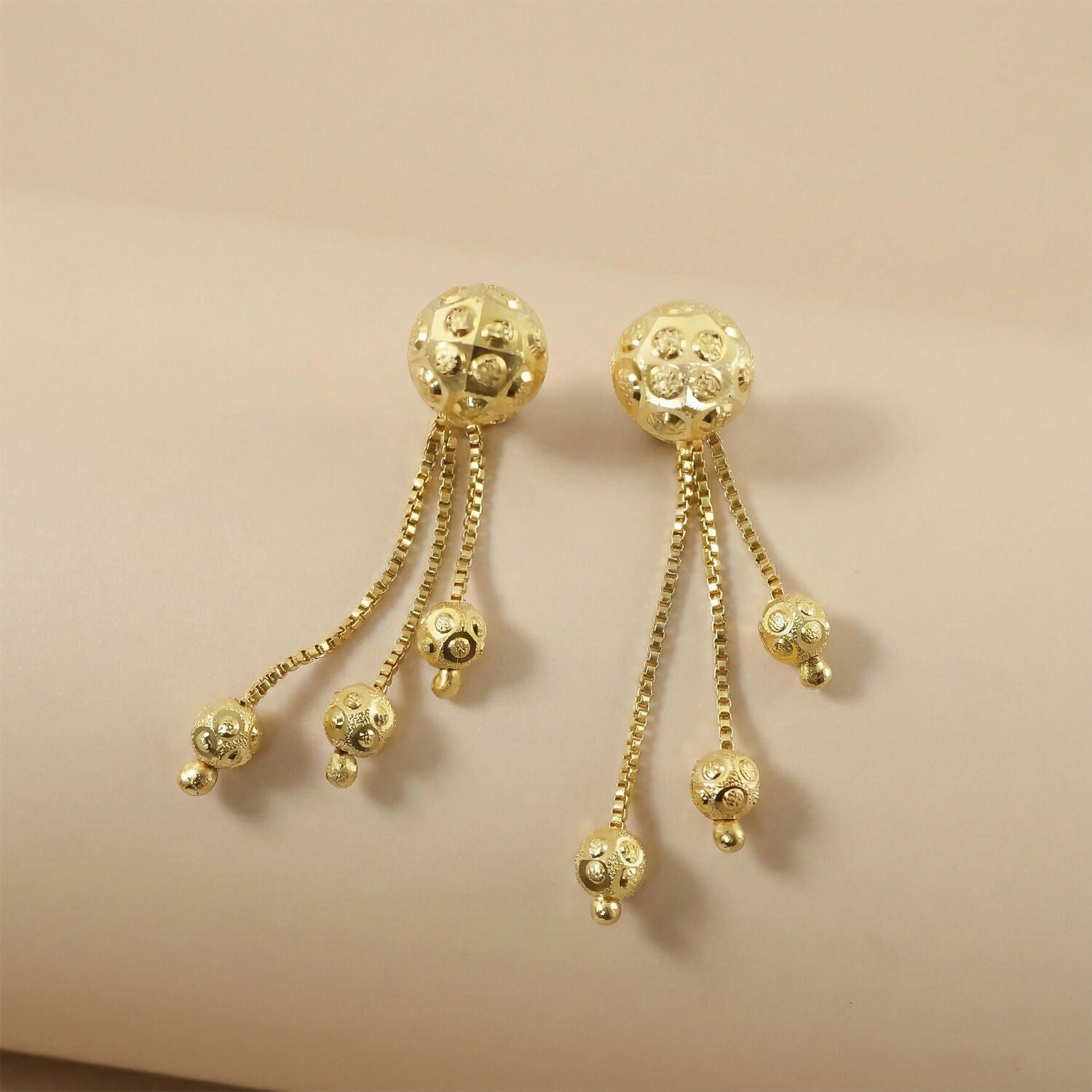 Gold Chain Tassel Style Earrings With Spherical Stud And Multi Strand Hanging Design