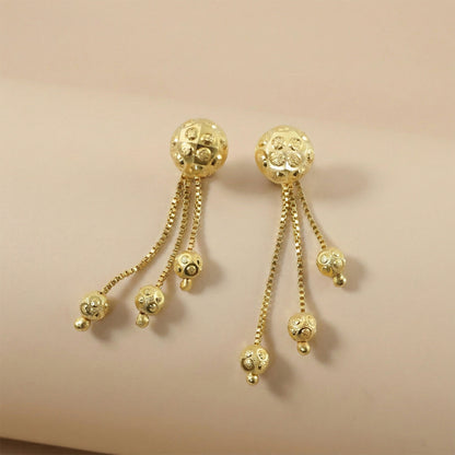 Gold Chain Tassel Style Earrings With Spherical Stud And Multi Strand Hanging Design
