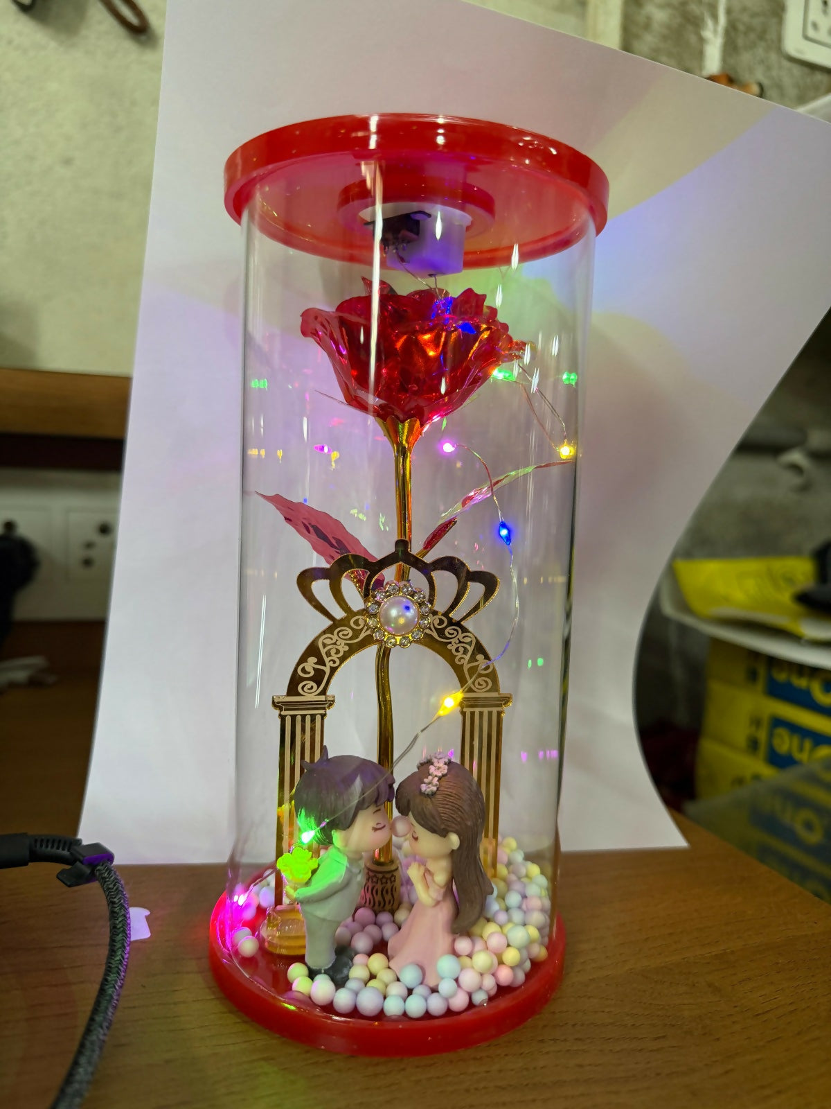 LED Rose Dome with Couple Figurine Romantic Decorative Showpiece