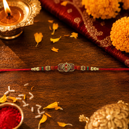 Designer Rakhi showcasing decorative beads and craftsmanship