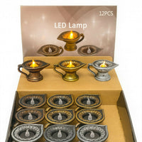 Set of 12 Vintage LED Diya Lamps | Battery Operated Flameless Pooja Lights | Antique Finish Decorative Deepak for Diwali, Navratri, Temple, Wedding & Home Décor