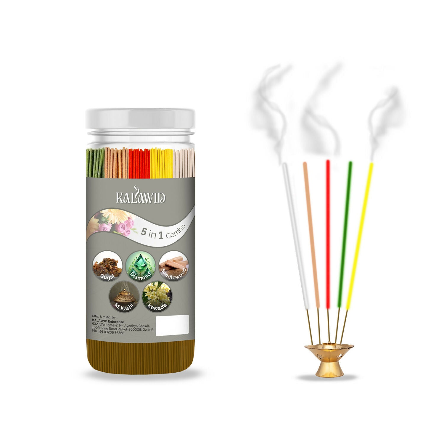 Premium Agarbatti 5 In 1 Combo with Gugal, Diamond, Sandalwood, Masalakashi, Kewada Fragrances for Long Lasting Aroma (400 Gm)