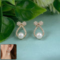 Pearl Drop Stud Earrings – Korean Crystal Bow Design for Women