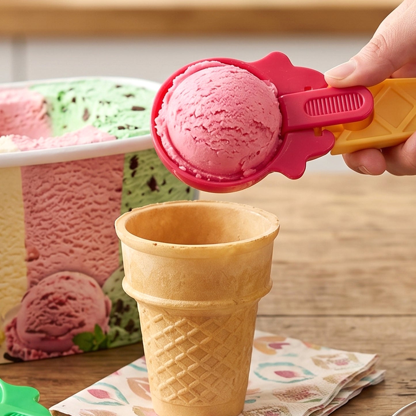 Side view of ice cream scoop set with easy-release design