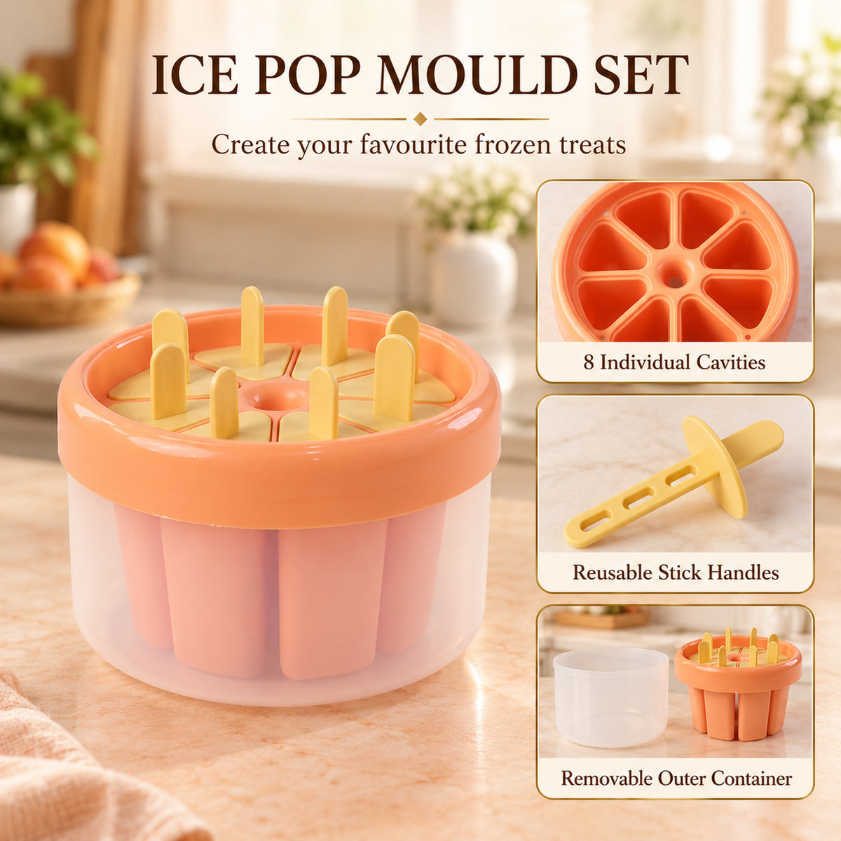 Plastic Round Ice Cream Candy Mold with Reusable Sticks for Frozen Pops (8 Mold)
