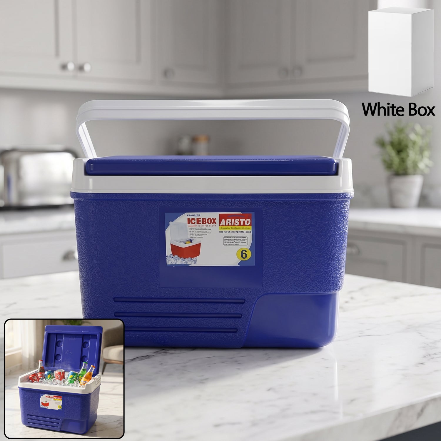 Close-up of 6 litre insulated ice box in blue