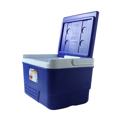 Blue ice cooler box for beverages and snacks storage