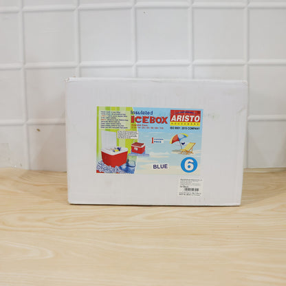 Blue portable insulated ice cooler box shown in use