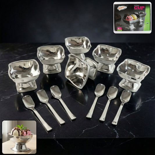 Premium Stainless Steel Ice Cream Cup With 6 Spoon Set (6 Pc Set)