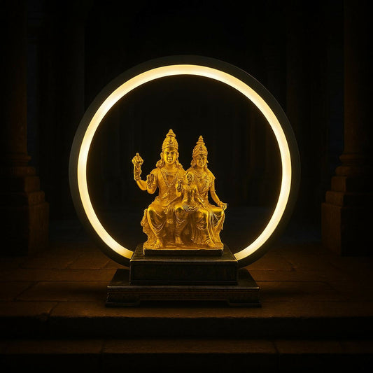Golden Shiv Parvati Ganesh LED Table Lamp with Decorative Ring Light | Spiritual Home Decor Night Lamp | Antique Finish Religious Gift for Puja Room, Living Room, Bedroom & Office | Divine God Idol with LED Circle Light