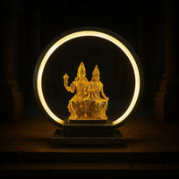 Golden Shiv Parvati Ganesh LED Table Lamp with Decorative Ring Light | Spiritual Home Decor Night Lamp | Antique Finish Religious Gift for Puja Room, Living Room, Bedroom & Office | Divine God Idol with LED Circle Light
