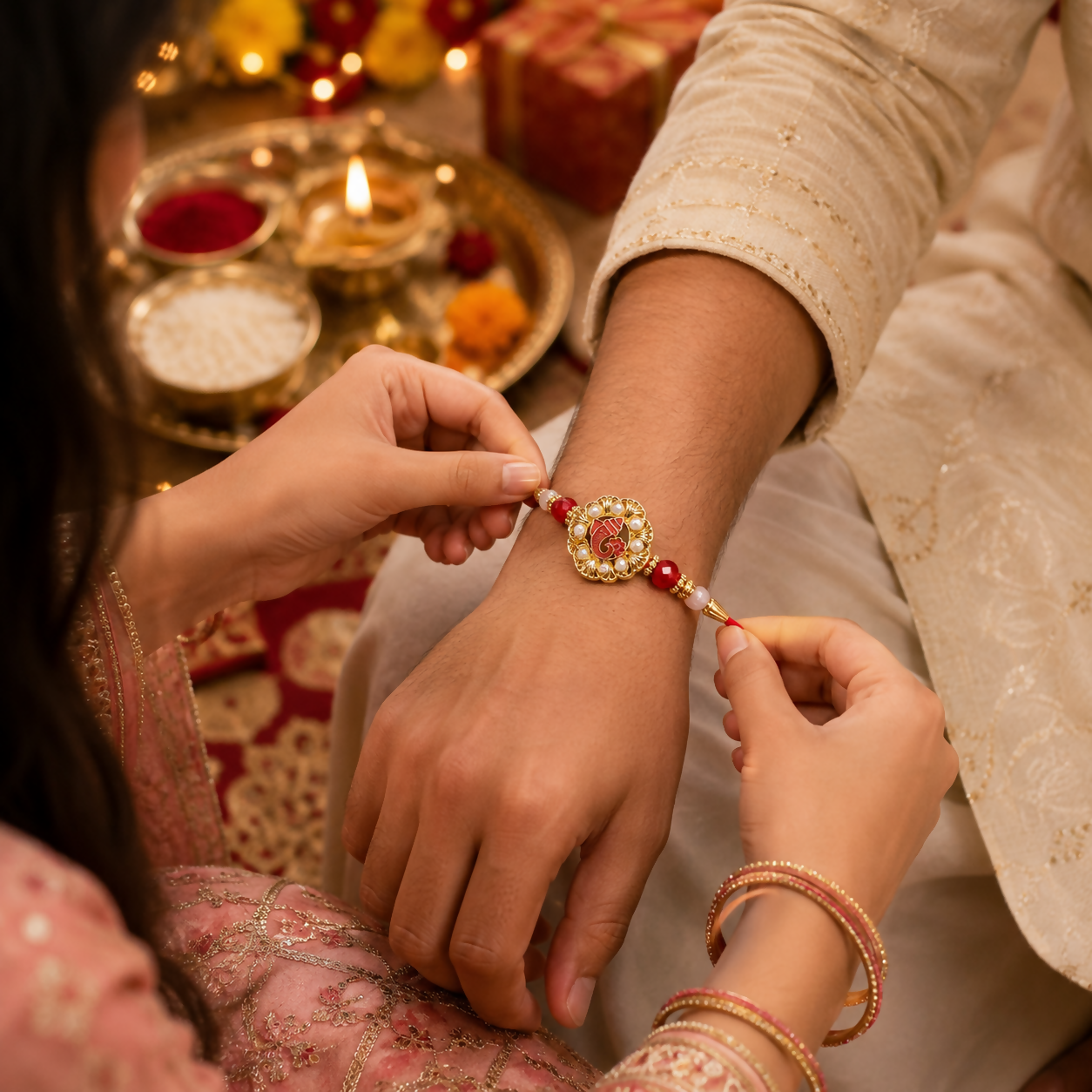 A woman's hands tie a red and gold Ganesha bracelet onto a man's wrist, with a festive background of a lit lamp and gifts.