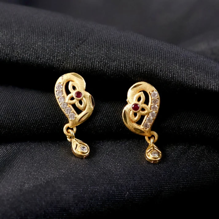 Decorative Leaf Pattern Gold Stud Earrings With Embedded Stones And Drop Element