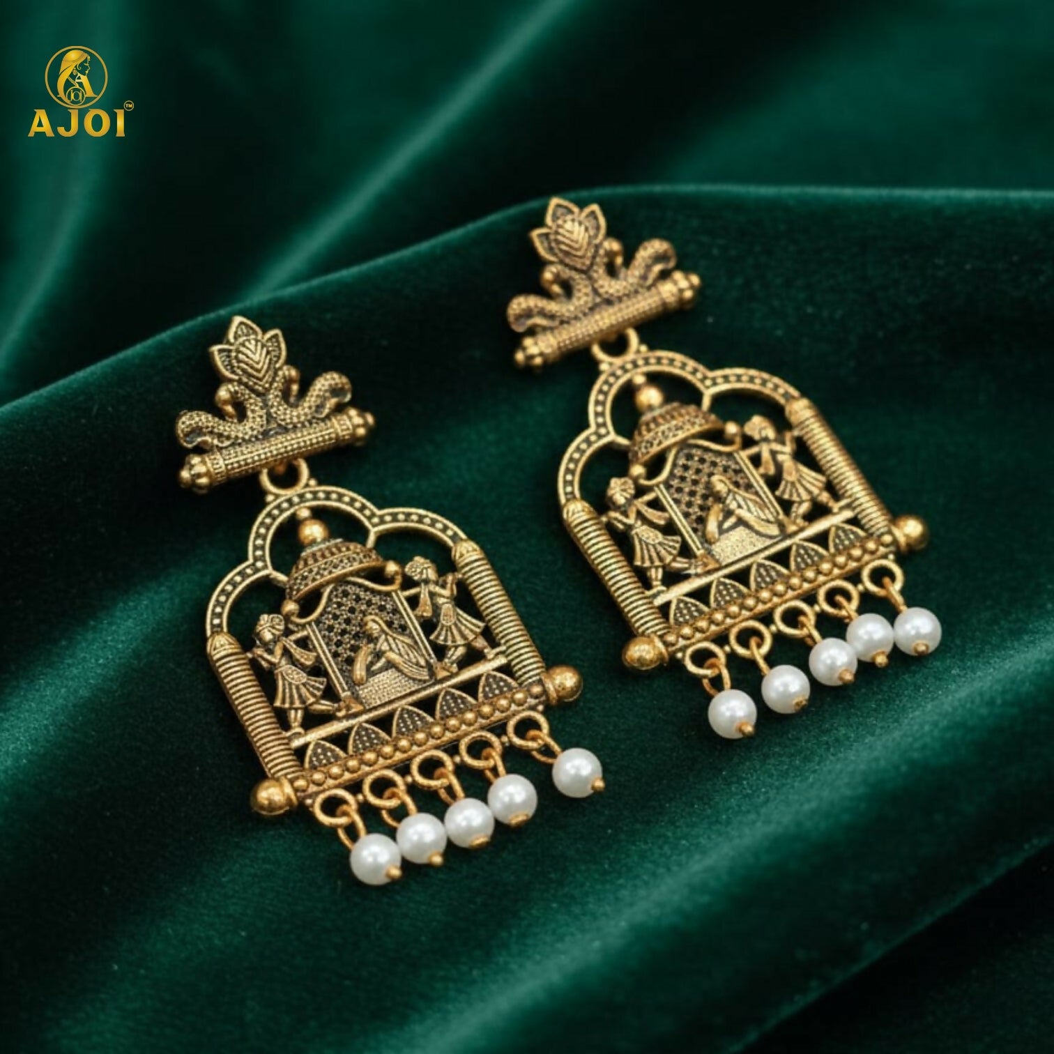 Royal Doli Motif Gold-Tone Temple Earrings with Pearl Danglers front view